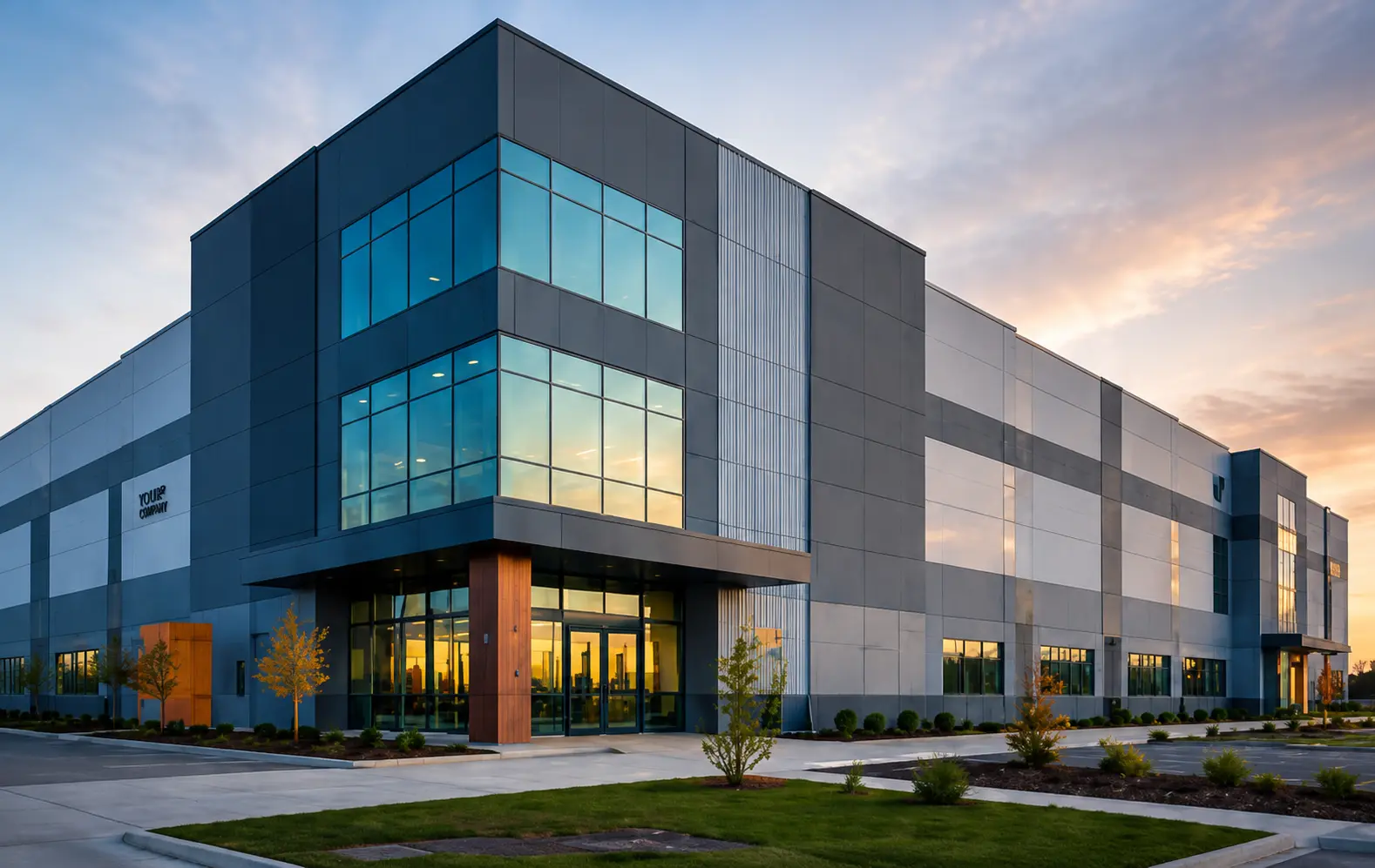 Completed modern glass-and-metal industrial facility