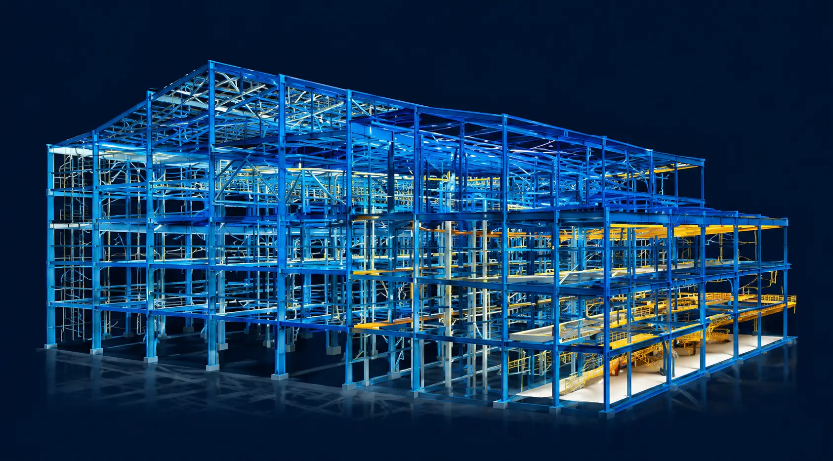 3D rendered blue steel structural frame model
